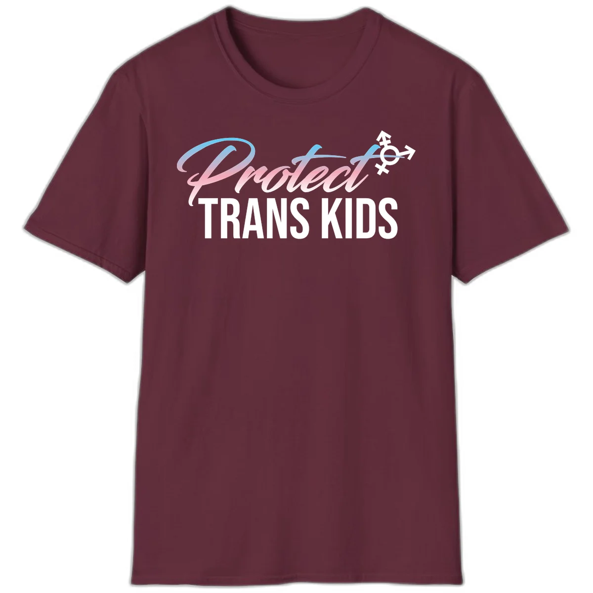 Protect trans kids design with blue-to-pink gradient text, transgender symbol, and bold typography supporting trans youth in Maroon