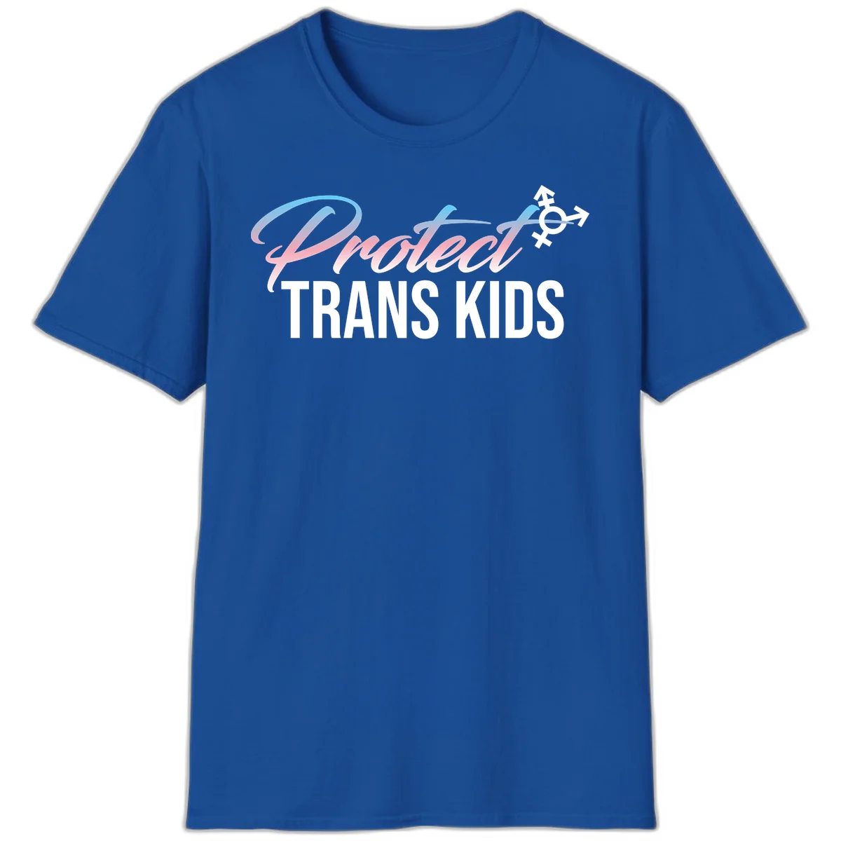 Protect trans kids design with blue-to-pink gradient text, transgender symbol, and bold typography supporting trans youth in Royal