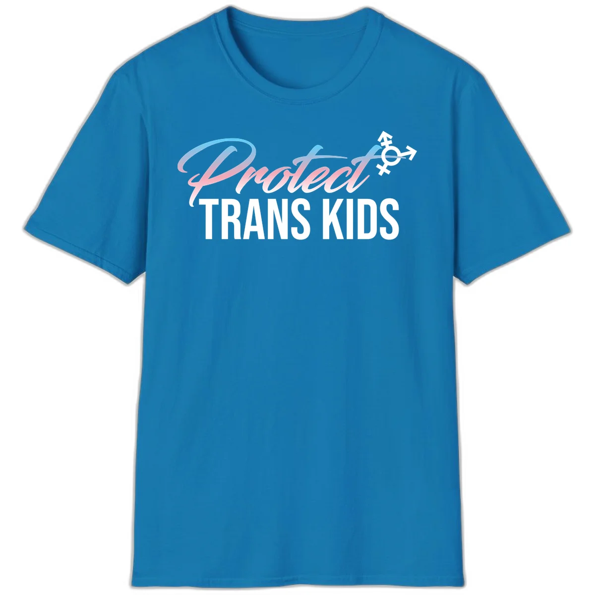 Protect trans kids design with blue-to-pink gradient text, transgender symbol, and bold typography supporting trans youth in Sapphire