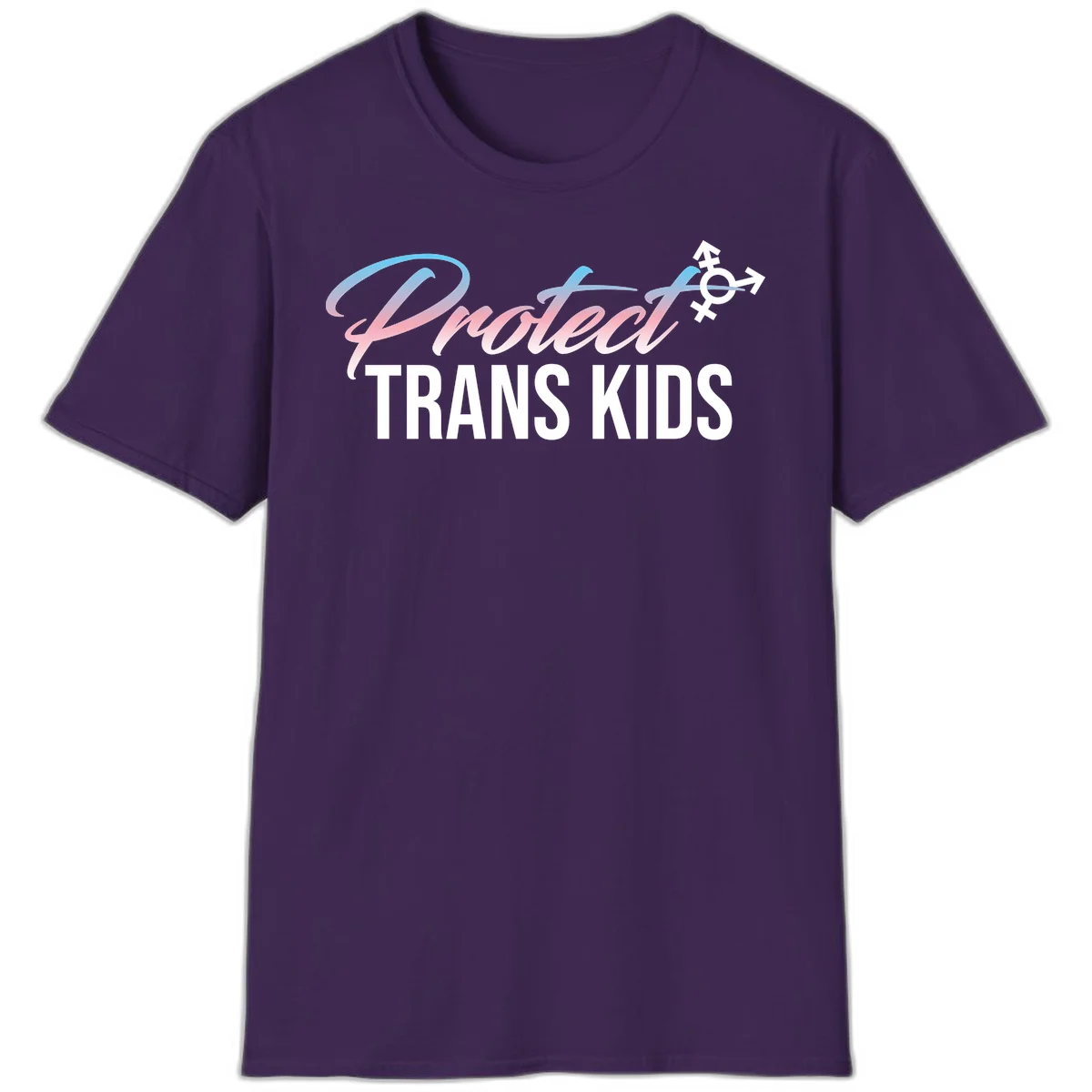 Protect trans kids design with blue-to-pink gradient text, transgender symbol, and bold typography supporting trans youth in Purple