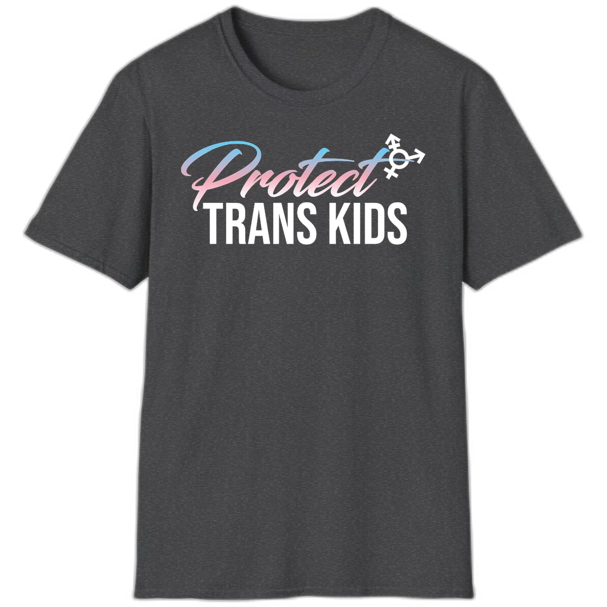 Protect trans kids design with blue-to-pink gradient text, transgender symbol, and bold typography supporting trans youth in Dark Heather