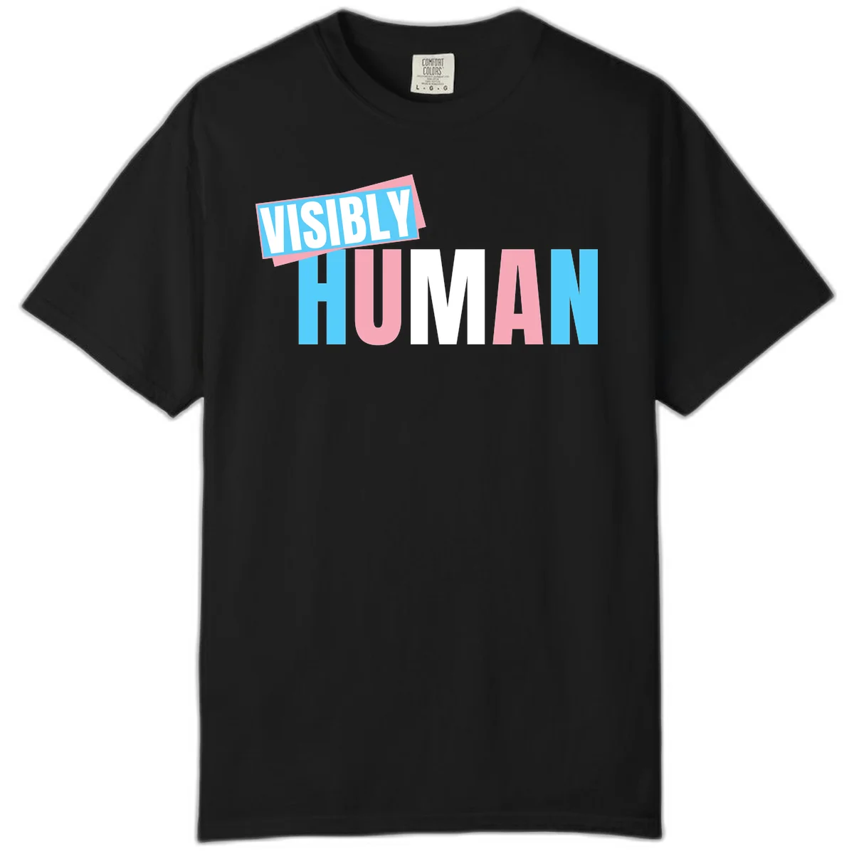 Bold typography design reading 'VISIBLY HUMAN' in cyan, pink, and white letters with diagonal 'VISIBLY' banner overlay on gray background in Black