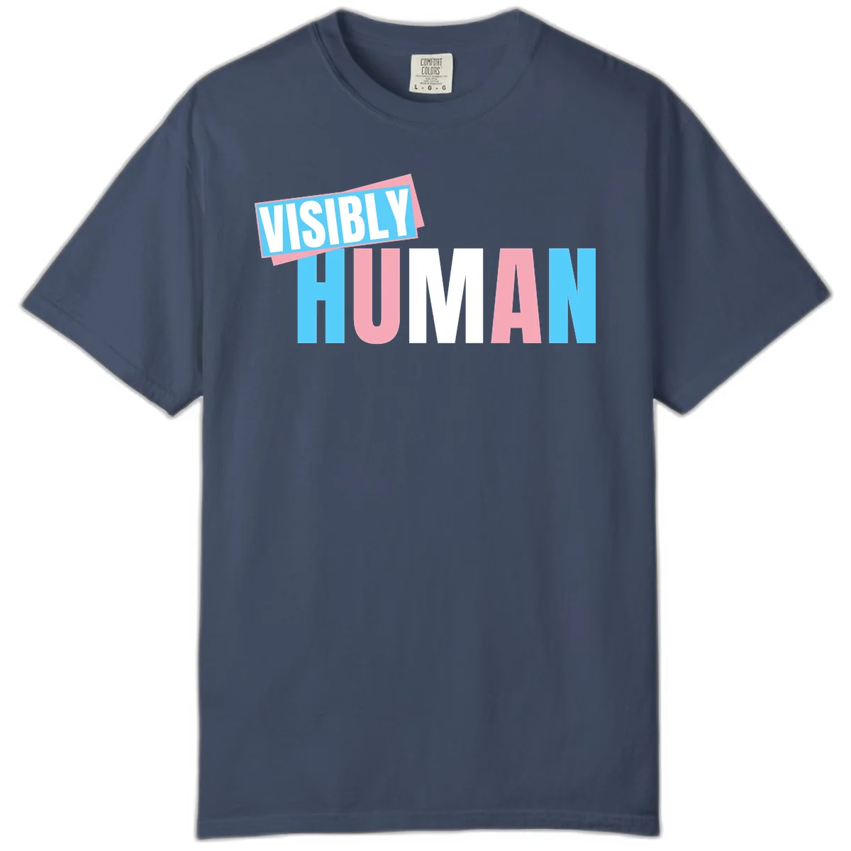 Bold typography design reading 'VISIBLY HUMAN' in cyan, pink, and white letters with diagonal 'VISIBLY' banner overlay on gray background in Midnight