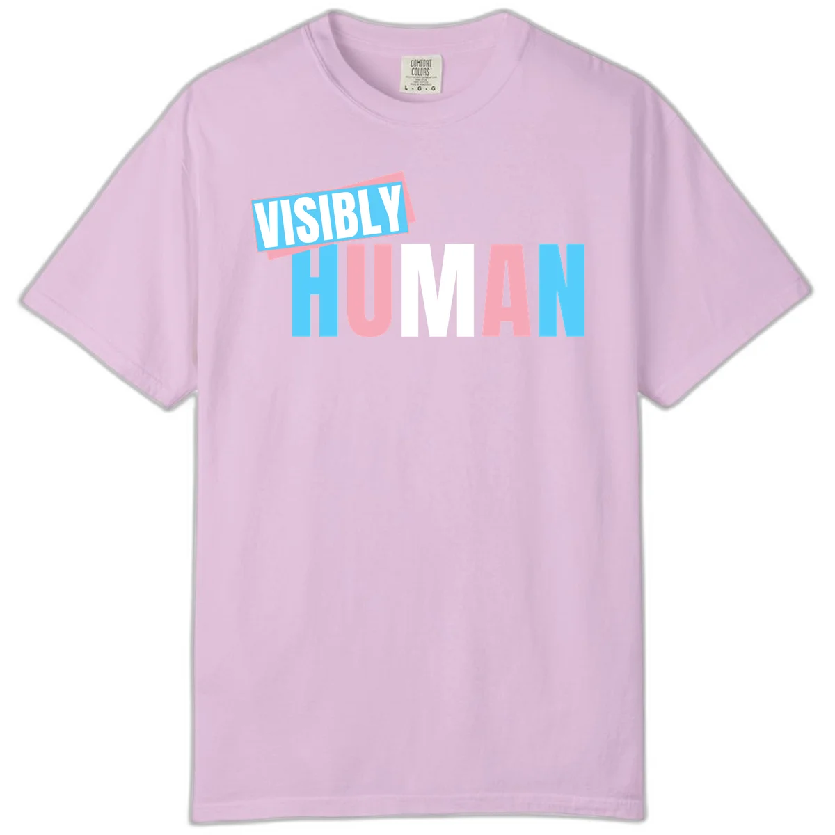 Bold typography design reading 'VISIBLY HUMAN' in cyan, pink, and white letters with diagonal 'VISIBLY' banner overlay on gray background in Orchid