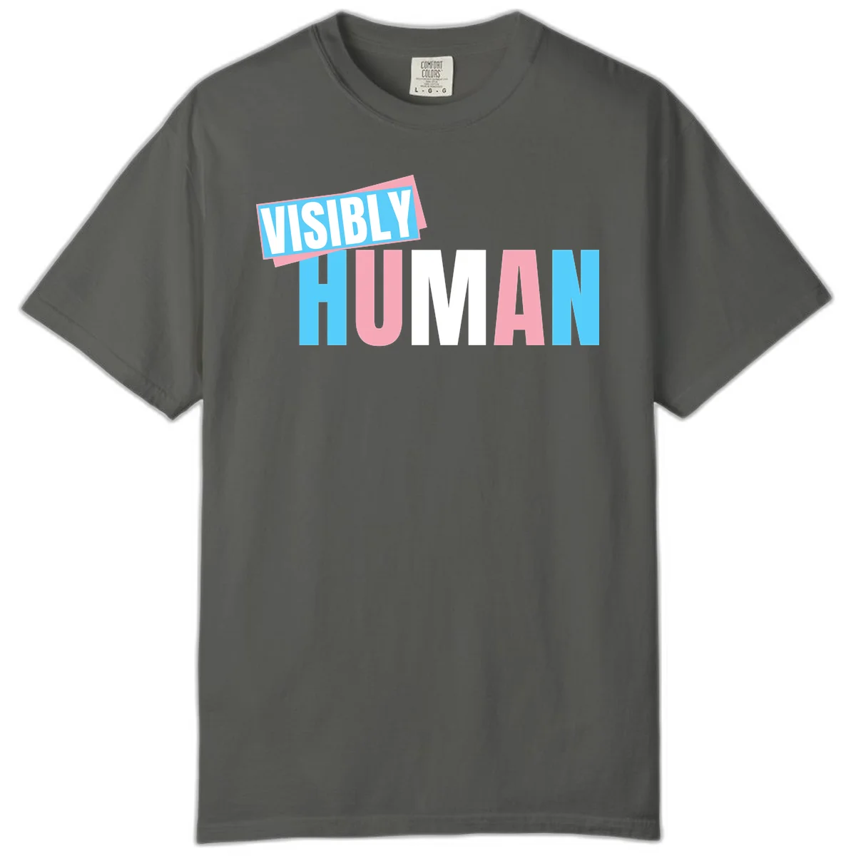 Bold typography design reading 'VISIBLY HUMAN' in cyan, pink, and white letters with diagonal 'VISIBLY' banner overlay on gray background in Pepper