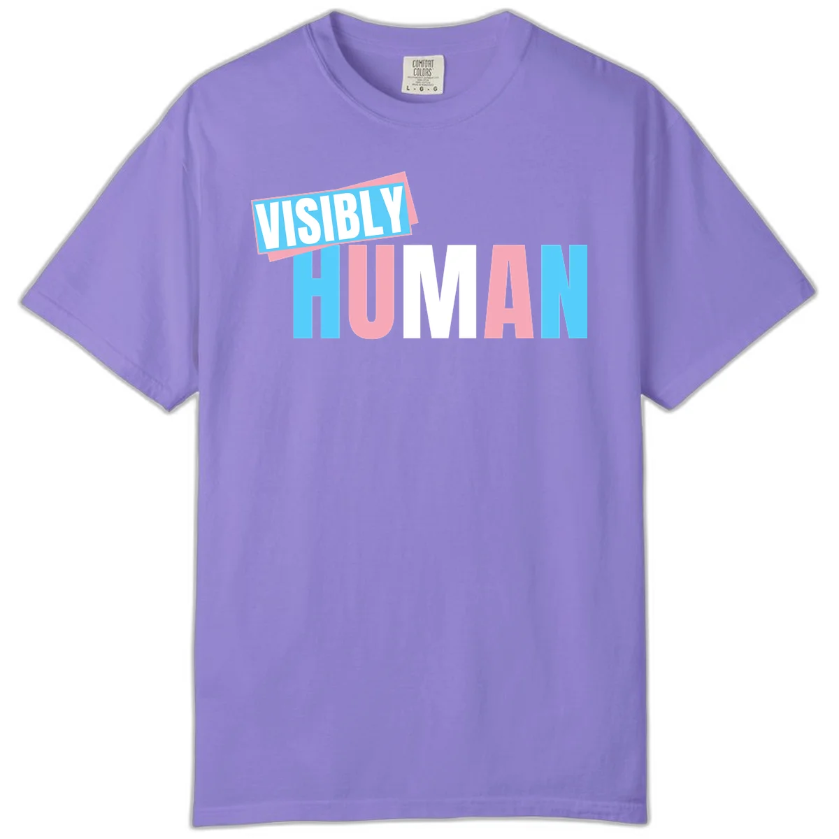 Bold typography design reading 'VISIBLY HUMAN' in cyan, pink, and white letters with diagonal 'VISIBLY' banner overlay on gray background in Violet