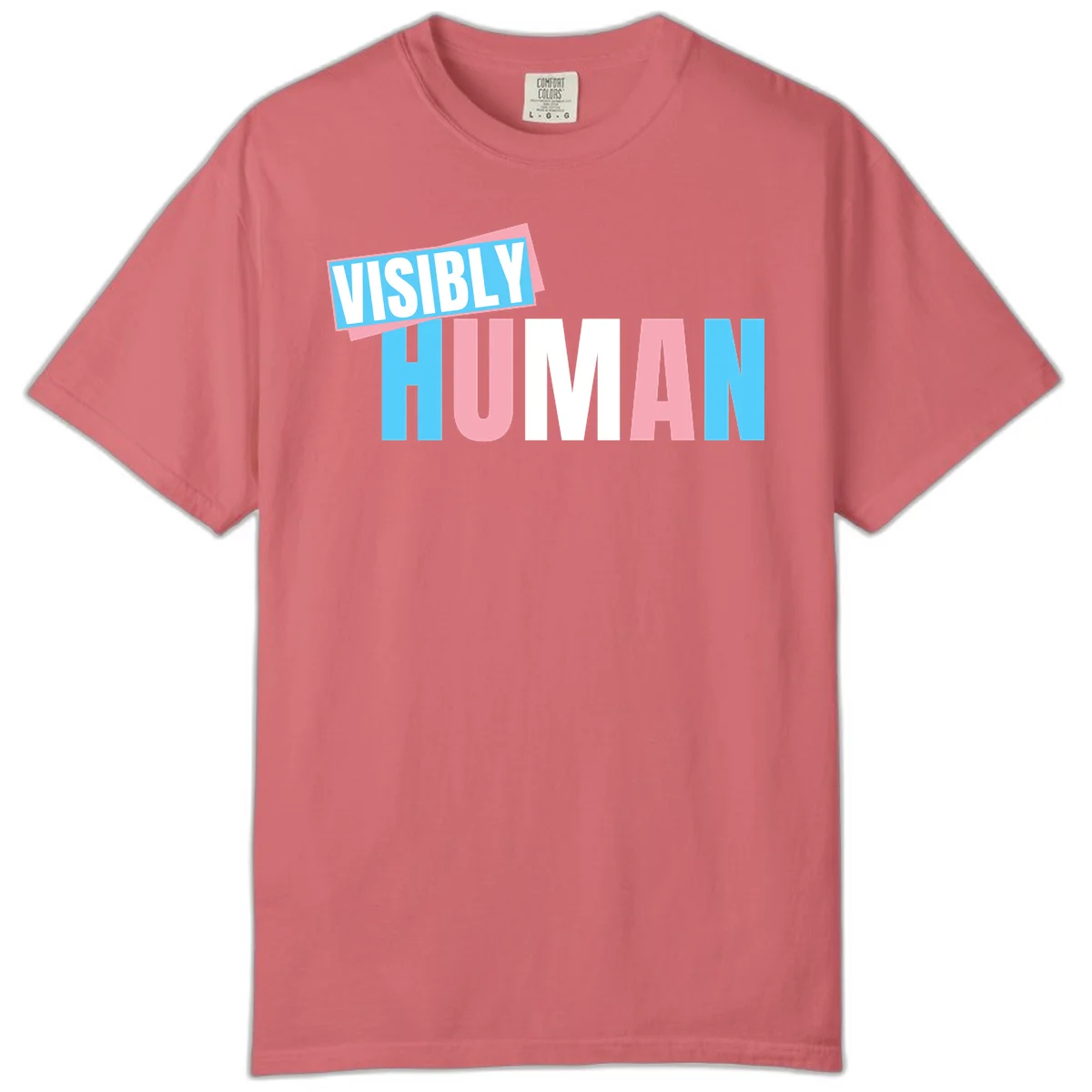 Bold typography design reading 'VISIBLY HUMAN' in cyan, pink, and white letters with diagonal 'VISIBLY' banner overlay on gray background in Watermelon