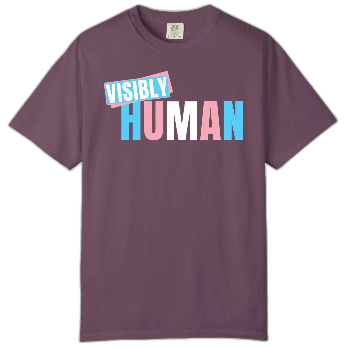 Bold typography design reading 'VISIBLY HUMAN' in cyan, pink, and white letters with diagonal 'VISIBLY' banner overlay on gray background in Berry