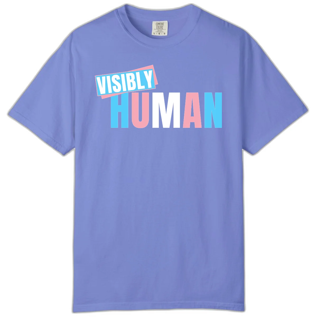 Bold typography design reading 'VISIBLY HUMAN' in cyan, pink, and white letters with diagonal 'VISIBLY' banner overlay on gray background in Flo Blue