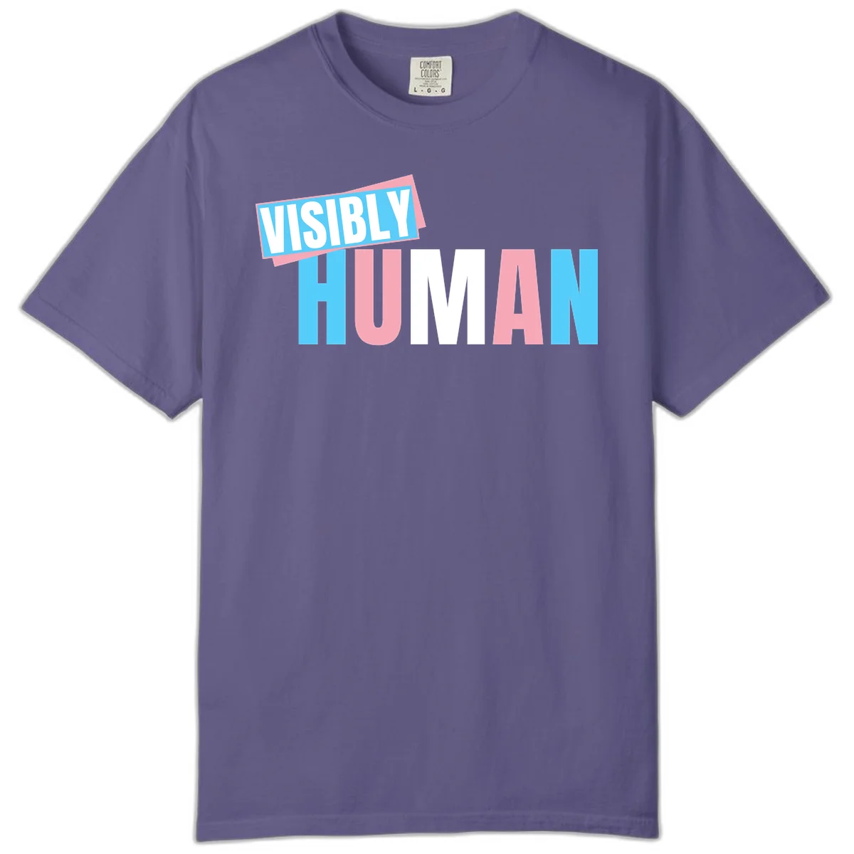 Bold typography design reading 'VISIBLY HUMAN' in cyan, pink, and white letters with diagonal 'VISIBLY' banner overlay on gray background in Grape