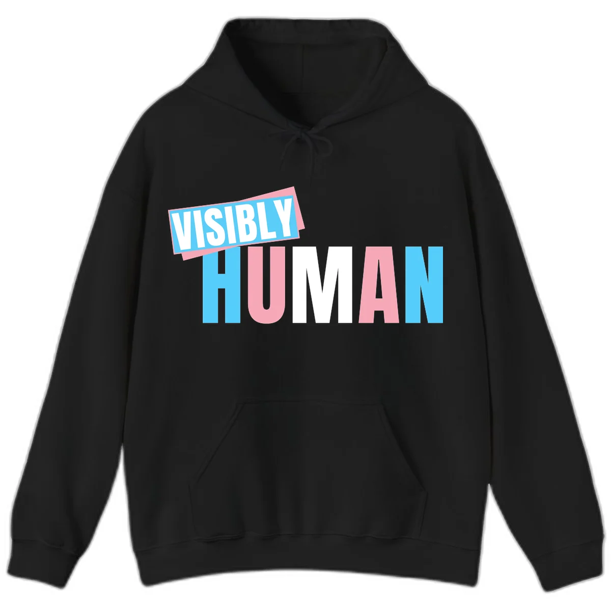 Bold typography design reading 'VISIBLY HUMAN' in cyan, pink, and white letters with diagonal 'VISIBLY' banner overlay on gray background in Black