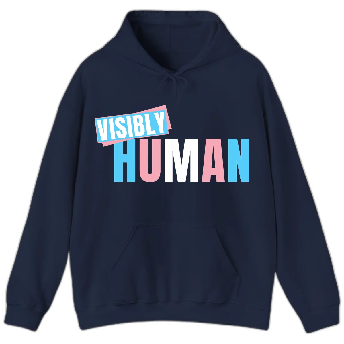 Bold typography design reading 'VISIBLY HUMAN' in cyan, pink, and white letters with diagonal 'VISIBLY' banner overlay on gray background in Navy