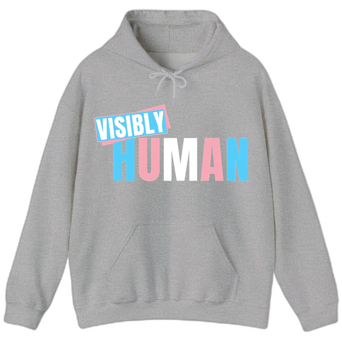 Bold typography design reading 'VISIBLY HUMAN' in cyan, pink, and white letters with diagonal 'VISIBLY' banner overlay on gray background in Sport Grey