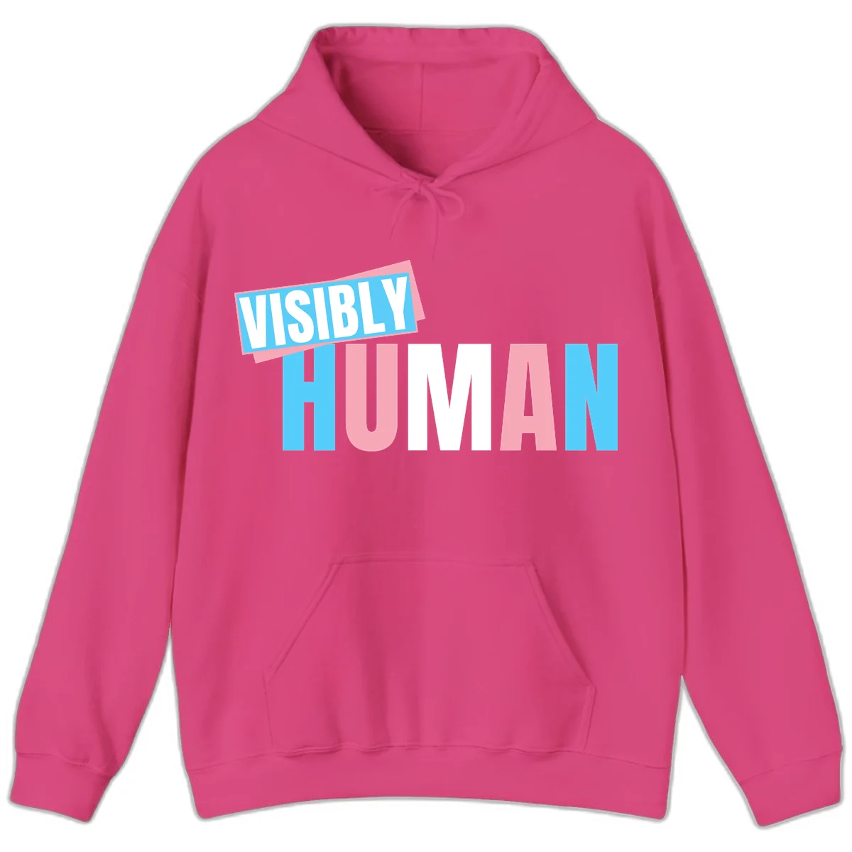 Bold typography design reading 'VISIBLY HUMAN' in cyan, pink, and white letters with diagonal 'VISIBLY' banner overlay on gray background in Heliconia