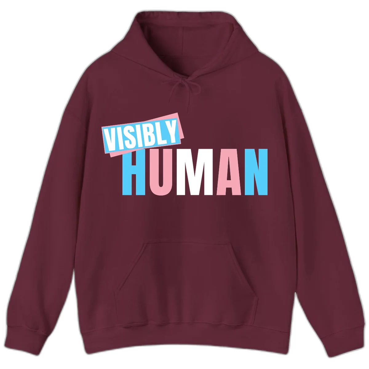 Bold typography design reading 'VISIBLY HUMAN' in cyan, pink, and white letters with diagonal 'VISIBLY' banner overlay on gray background in Maroon