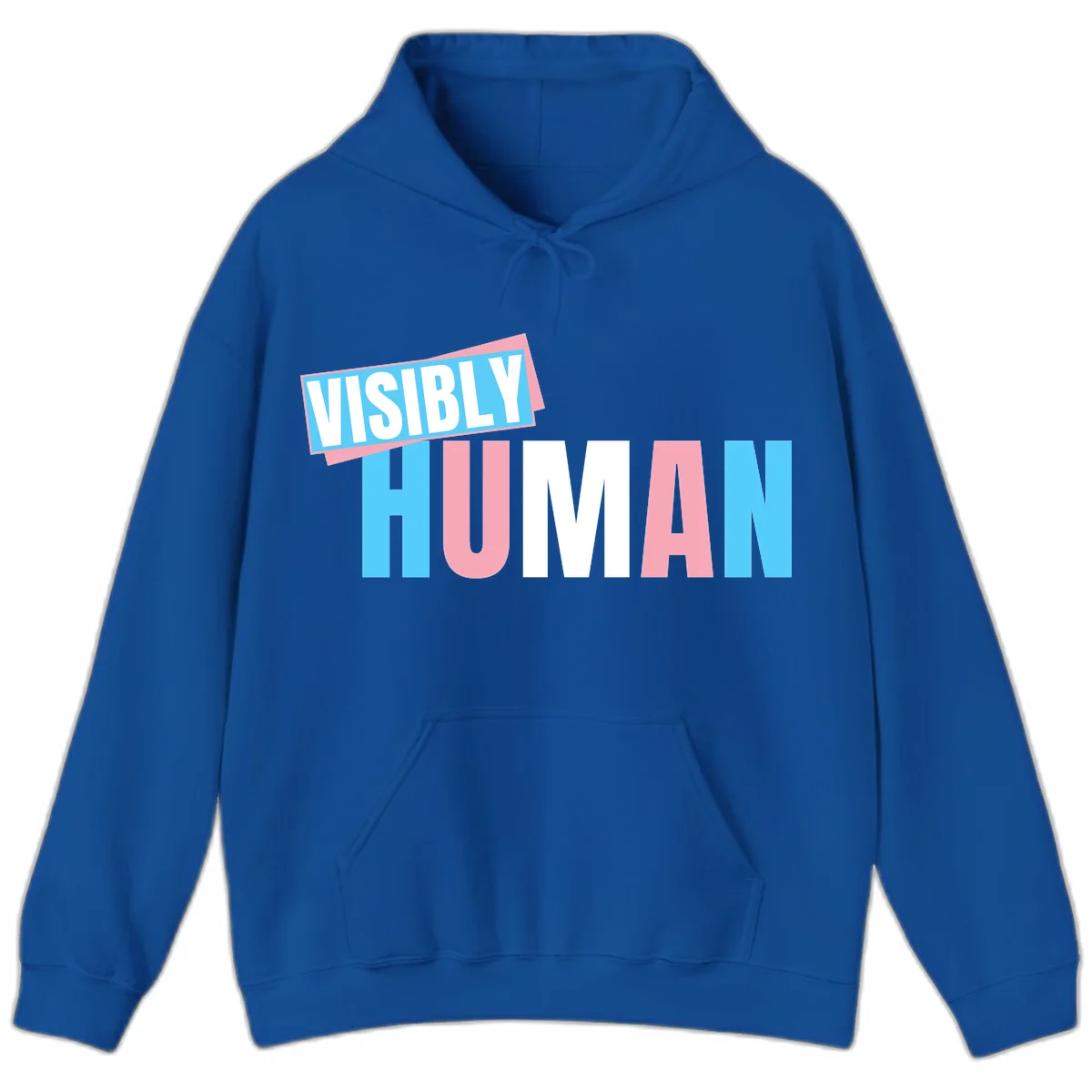 Bold typography design reading 'VISIBLY HUMAN' in cyan, pink, and white letters with diagonal 'VISIBLY' banner overlay on gray background in Royal