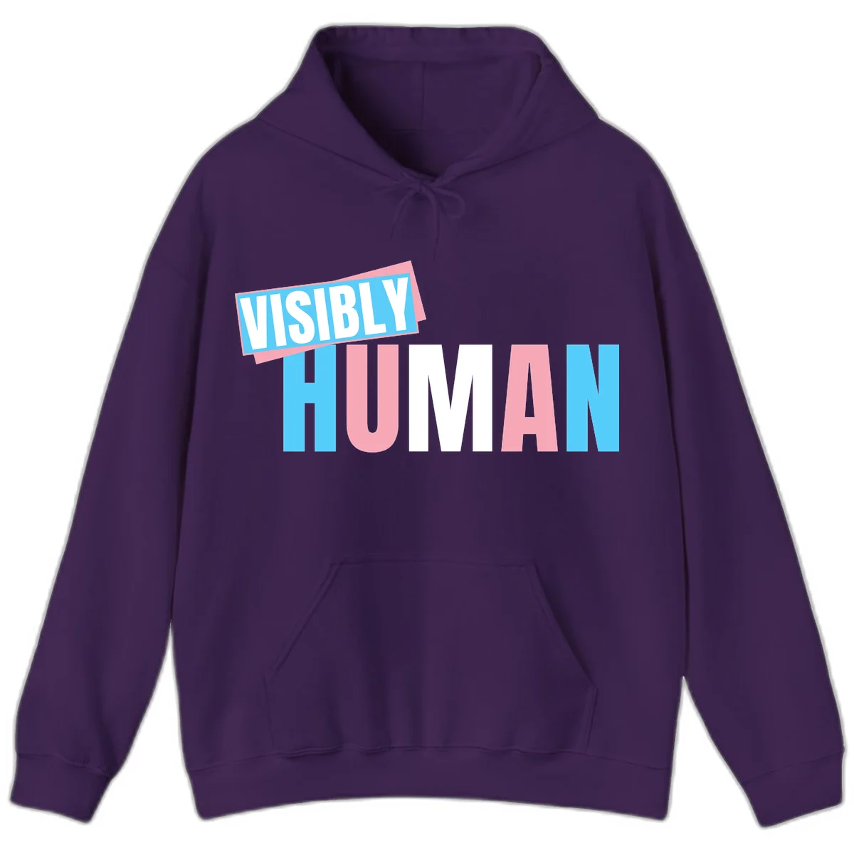 Bold typography design reading 'VISIBLY HUMAN' in cyan, pink, and white letters with diagonal 'VISIBLY' banner overlay on gray background in Purple