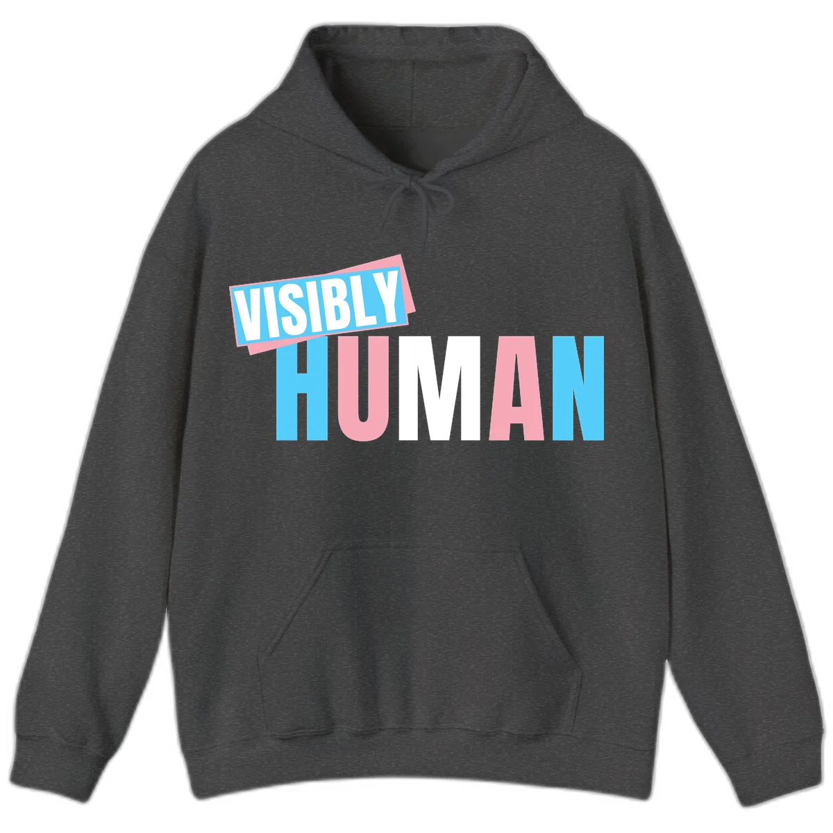 Bold typography design reading 'VISIBLY HUMAN' in cyan, pink, and white letters with diagonal 'VISIBLY' banner overlay on gray background in Dark Heather