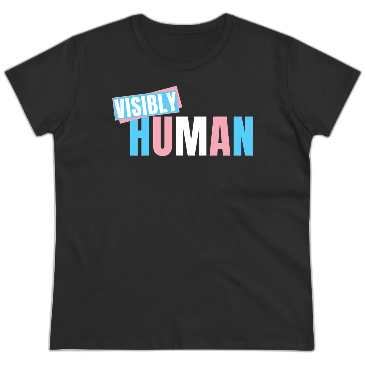 Bold typography design reading 'VISIBLY HUMAN' in cyan, pink, and white letters with diagonal 'VISIBLY' banner overlay on gray background in Black
