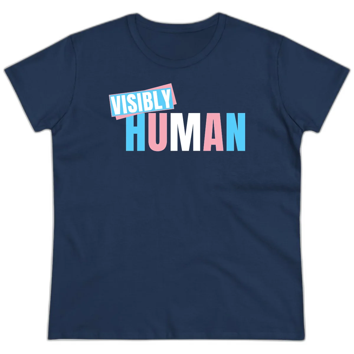 Bold typography design reading 'VISIBLY HUMAN' in cyan, pink, and white letters with diagonal 'VISIBLY' banner overlay on gray background in Navy