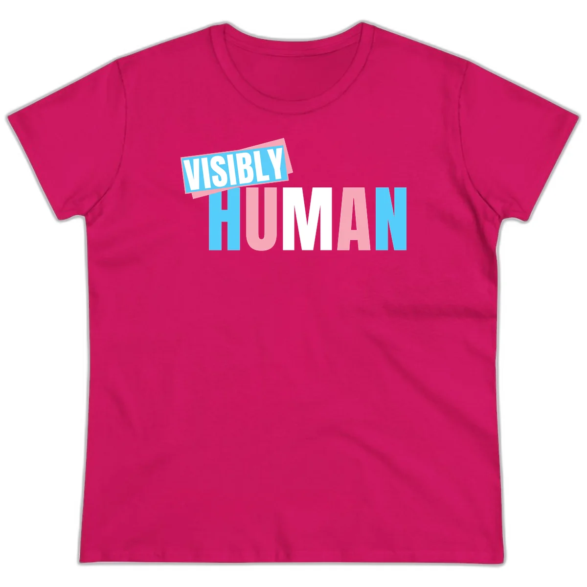 Bold typography design reading 'VISIBLY HUMAN' in cyan, pink, and white letters with diagonal 'VISIBLY' banner overlay on gray background in Heliconia