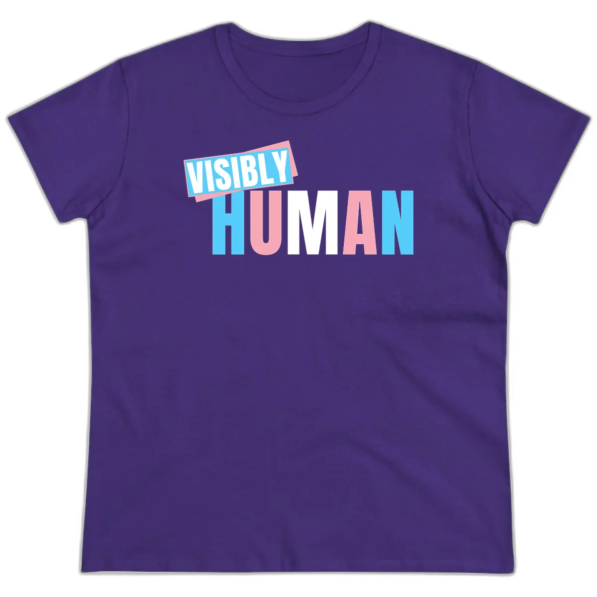 Bold typography design reading 'VISIBLY HUMAN' in cyan, pink, and white letters with diagonal 'VISIBLY' banner overlay on gray background in Purple