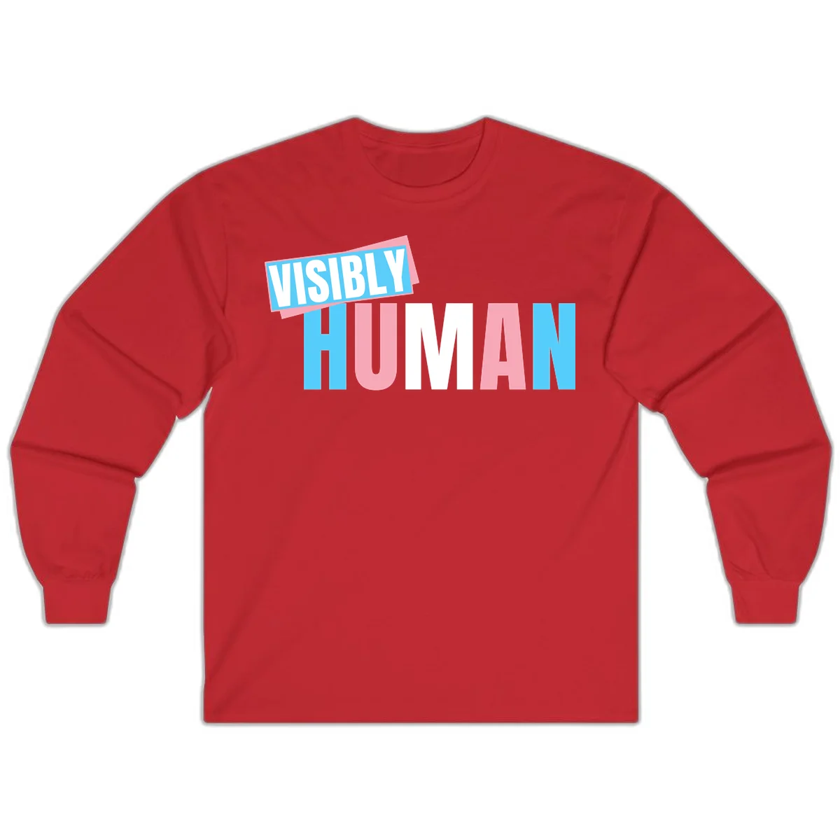 Bold typography design reading 'VISIBLY HUMAN' in cyan, pink, and white letters with diagonal 'VISIBLY' banner overlay on gray background in Red