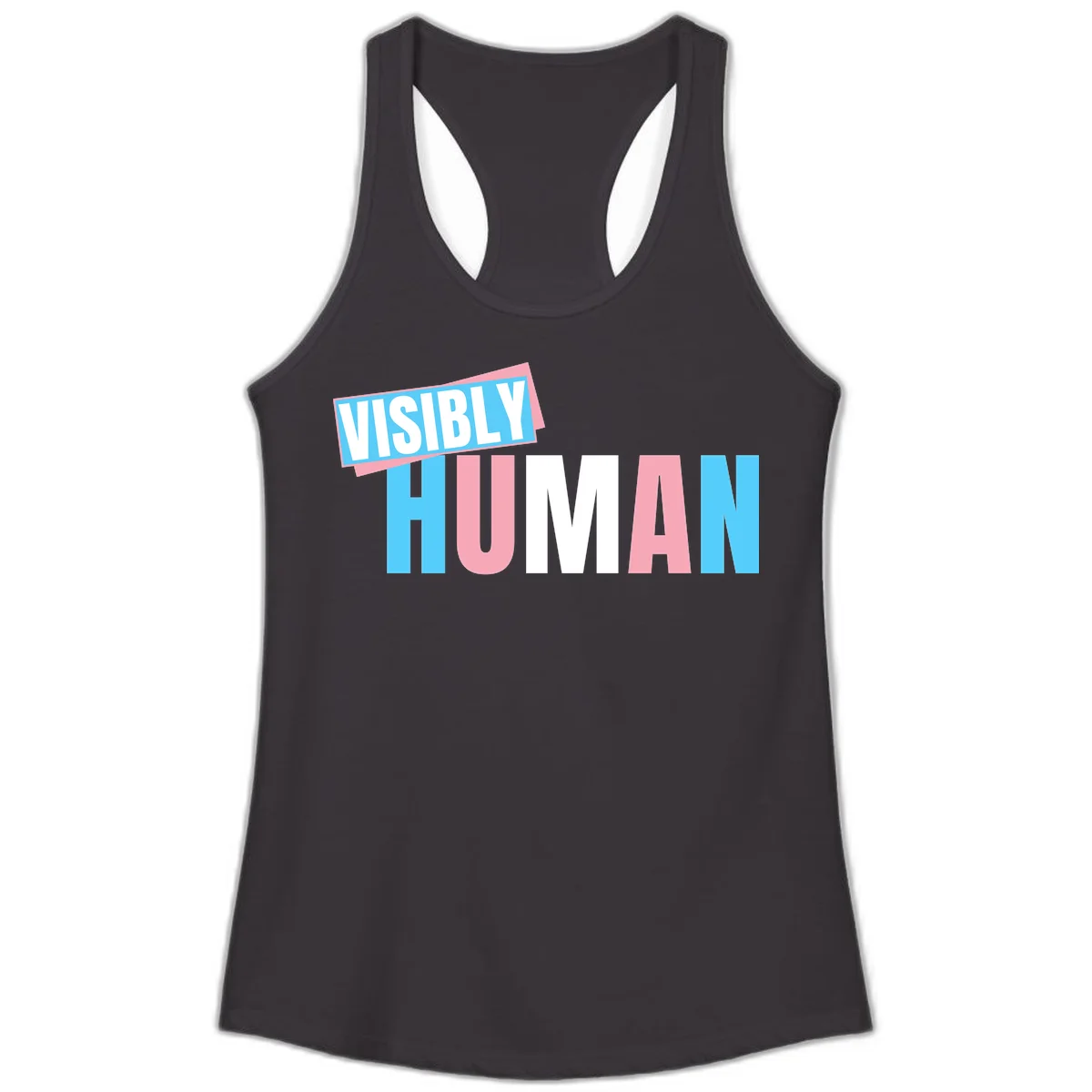 Bold typography design reading 'VISIBLY HUMAN' in cyan, pink, and white letters with diagonal 'VISIBLY' banner overlay on gray background in Black
