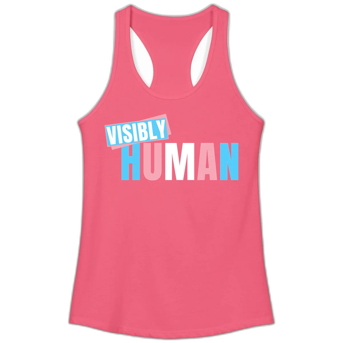 Bold typography design reading 'VISIBLY HUMAN' in cyan, pink, and white letters with diagonal 'VISIBLY' banner overlay on gray background in Hot Pink