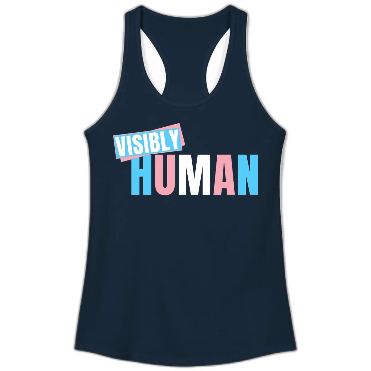 Bold typography design reading 'VISIBLY HUMAN' in cyan, pink, and white letters with diagonal 'VISIBLY' banner overlay on gray background in Solid Midnight Navy