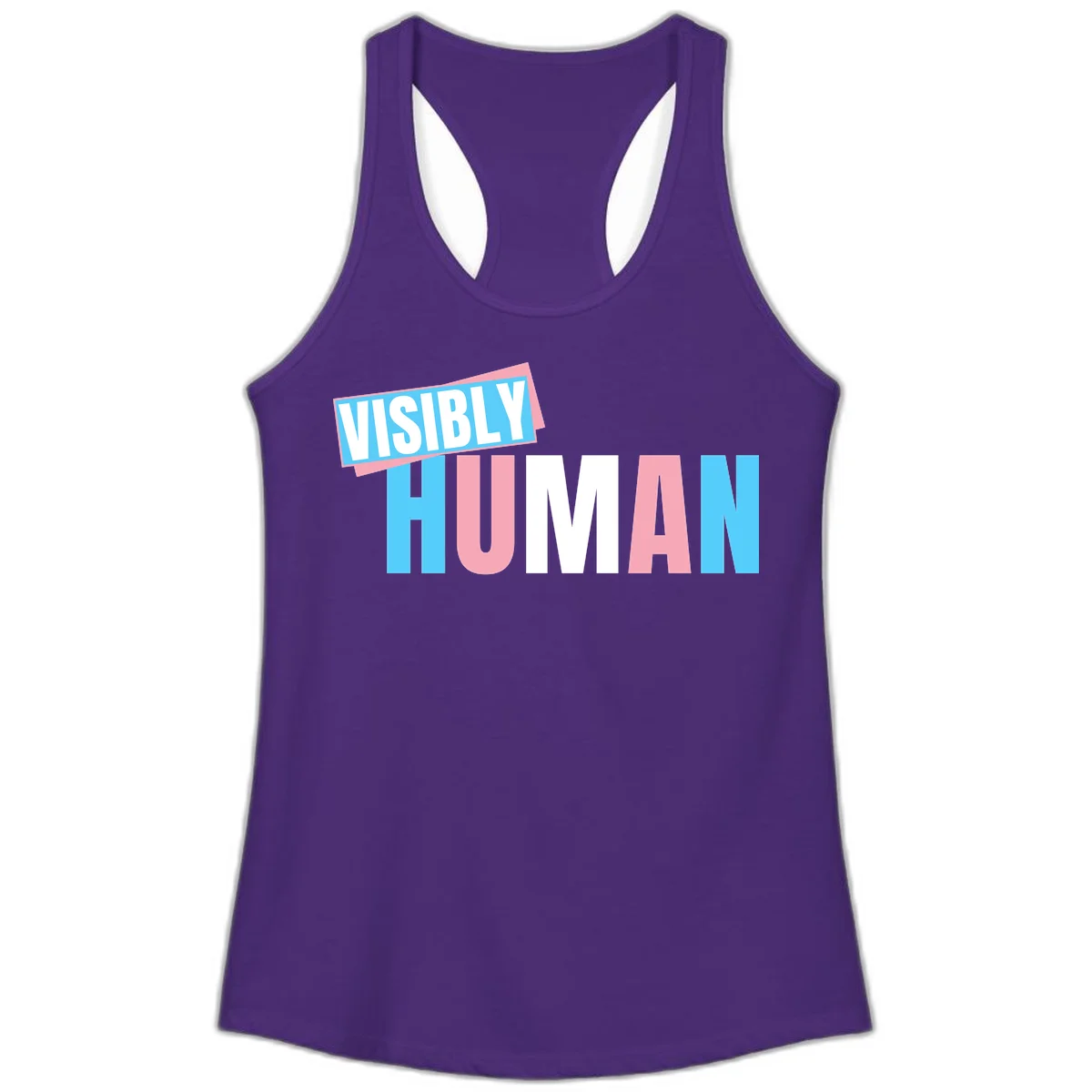 Bold typography design reading 'VISIBLY HUMAN' in cyan, pink, and white letters with diagonal 'VISIBLY' banner overlay on gray background in Solid Purple Rush
