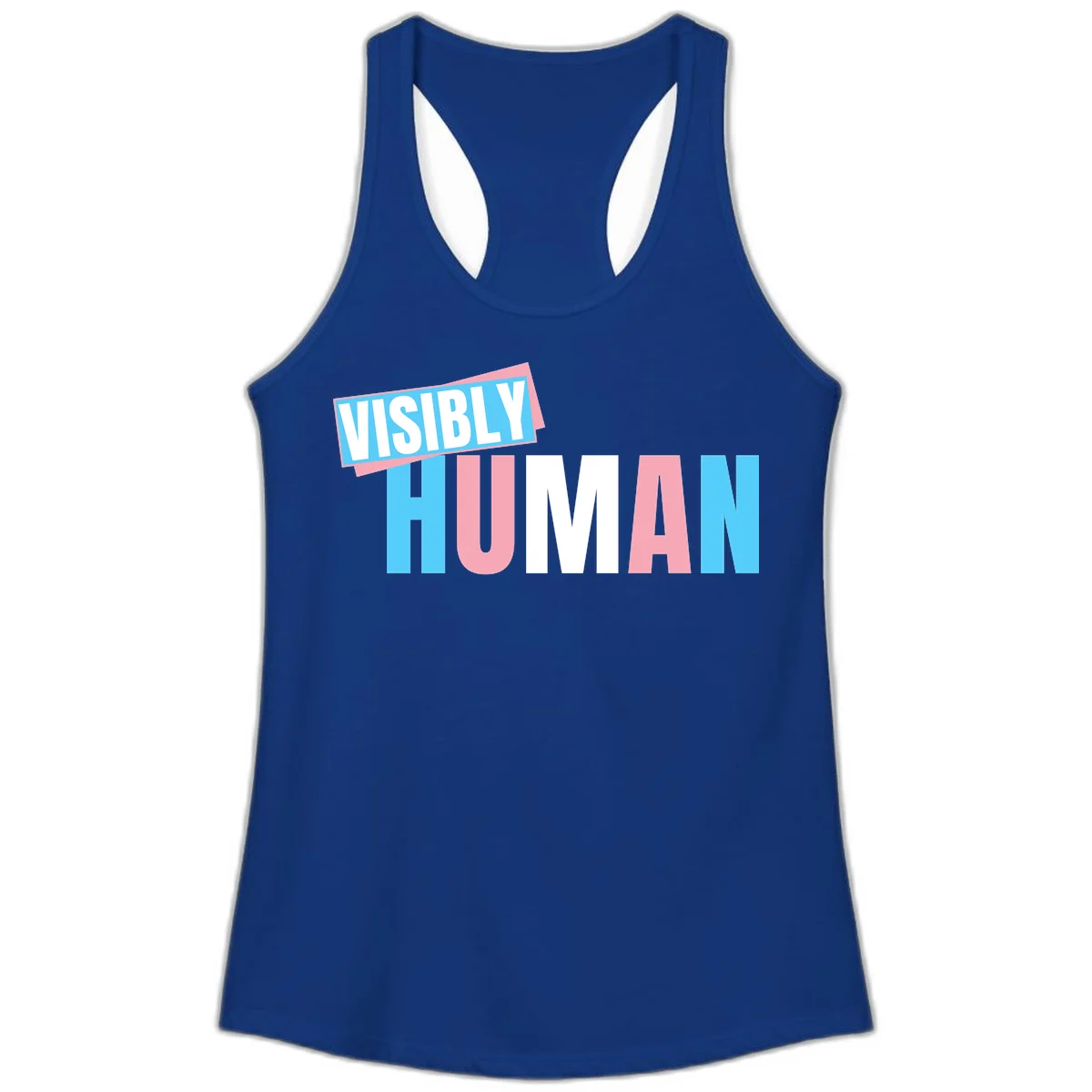 Bold typography design reading 'VISIBLY HUMAN' in cyan, pink, and white letters with diagonal 'VISIBLY' banner overlay on gray background in Solid Royal