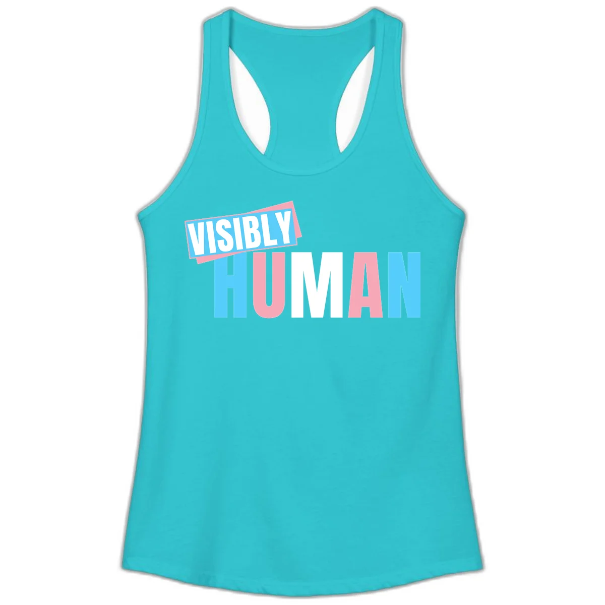 Bold typography design reading 'VISIBLY HUMAN' in cyan, pink, and white letters with diagonal 'VISIBLY' banner overlay on gray background in Solid Tahiti Blue