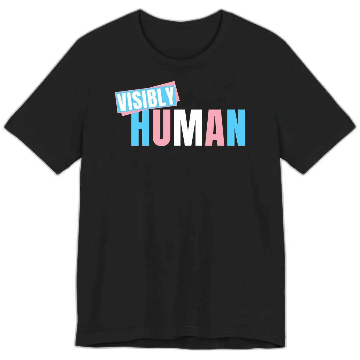 Bold typography design reading 'VISIBLY HUMAN' in cyan, pink, and white letters with diagonal 'VISIBLY' banner overlay on gray background in Black
