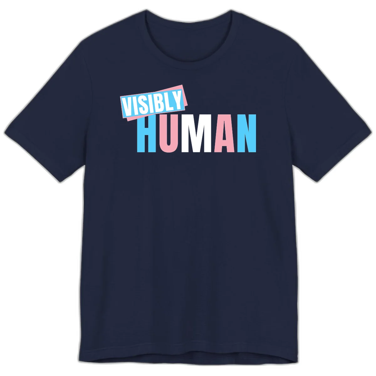 Bold typography design reading 'VISIBLY HUMAN' in cyan, pink, and white letters with diagonal 'VISIBLY' banner overlay on gray background in Navy