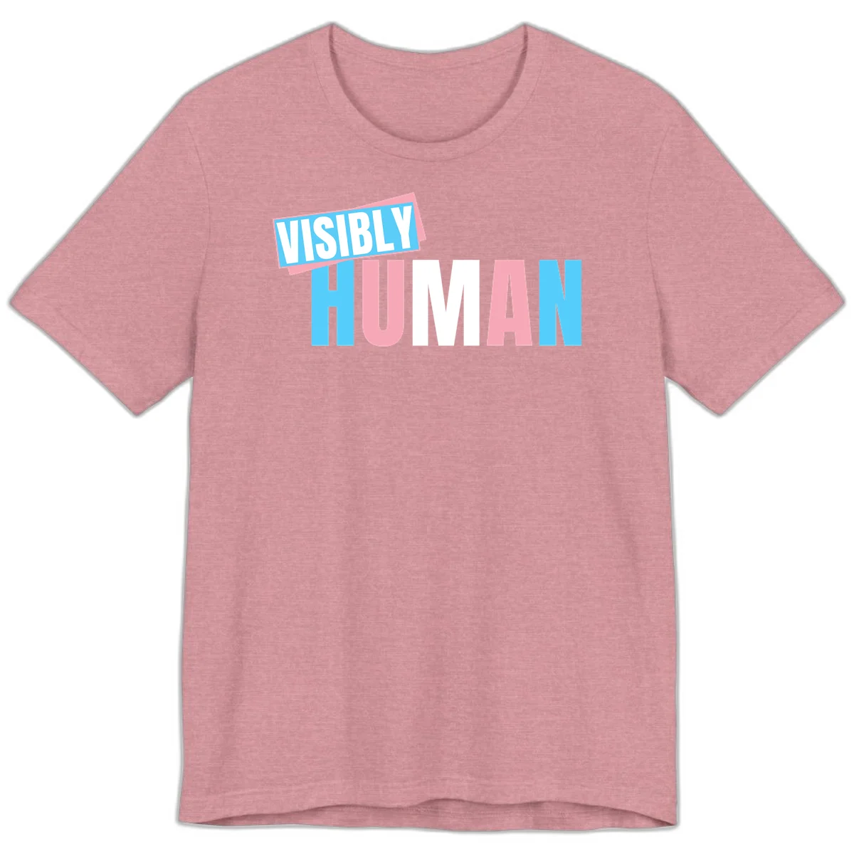 Bold typography design reading 'VISIBLY HUMAN' in cyan, pink, and white letters with diagonal 'VISIBLY' banner overlay on gray background in Heather Orchid