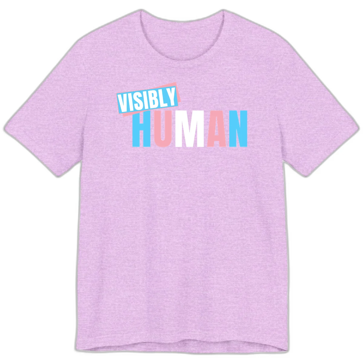 Bold typography design reading 'VISIBLY HUMAN' in cyan, pink, and white letters with diagonal 'VISIBLY' banner overlay on gray background in Heather Prism Lilac
