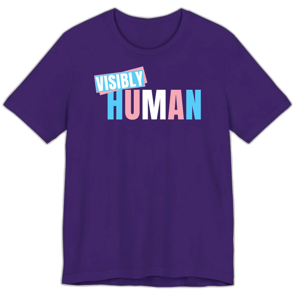 Bold typography design reading 'VISIBLY HUMAN' in cyan, pink, and white letters with diagonal 'VISIBLY' banner overlay on gray background in Team Purple