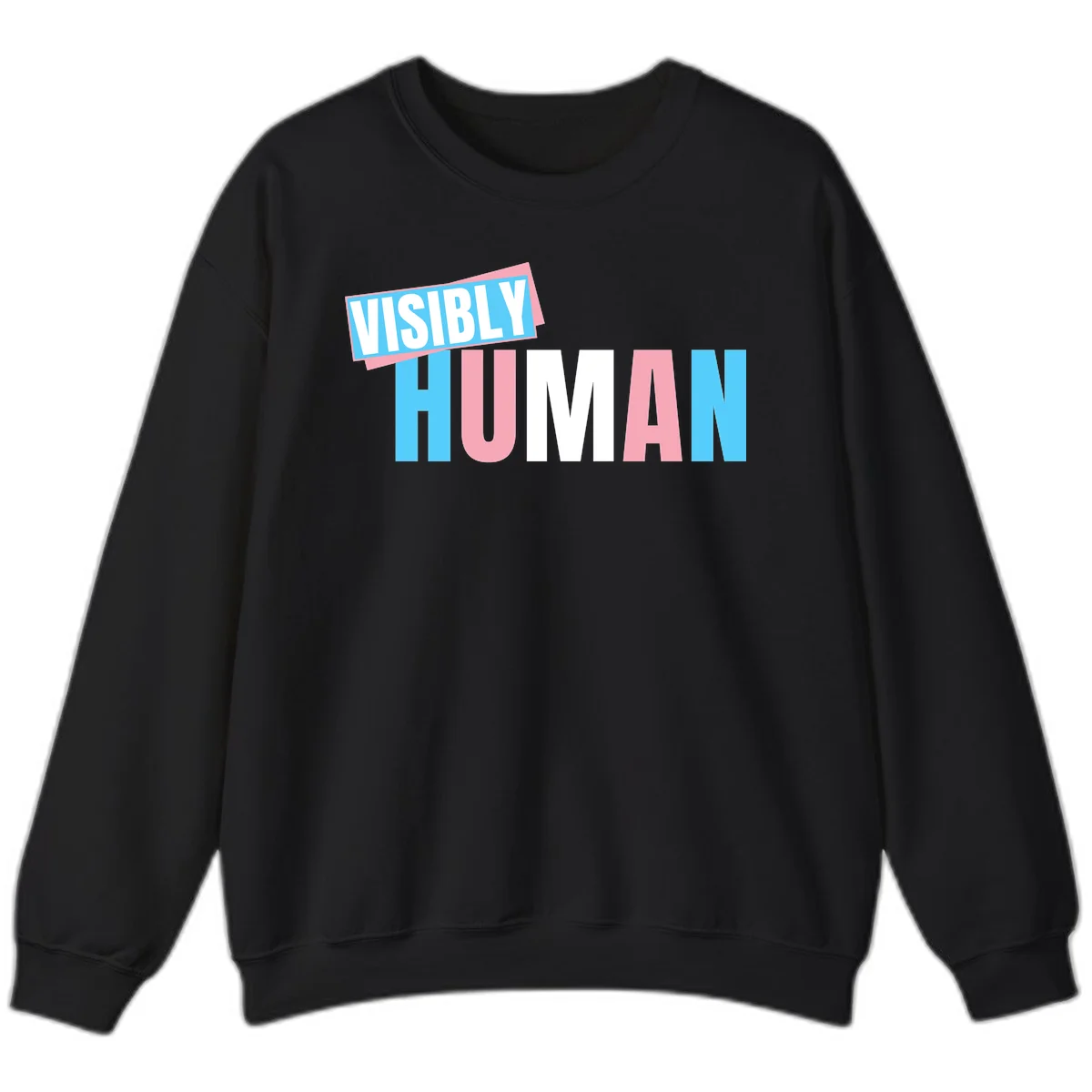Bold typography design reading 'VISIBLY HUMAN' in cyan, pink, and white letters with diagonal 'VISIBLY' banner overlay on gray background in Black
