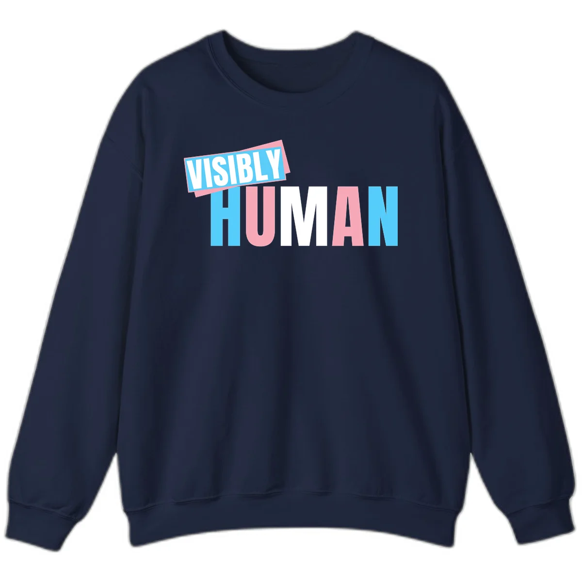 Bold typography design reading 'VISIBLY HUMAN' in cyan, pink, and white letters with diagonal 'VISIBLY' banner overlay on gray background in Navy
