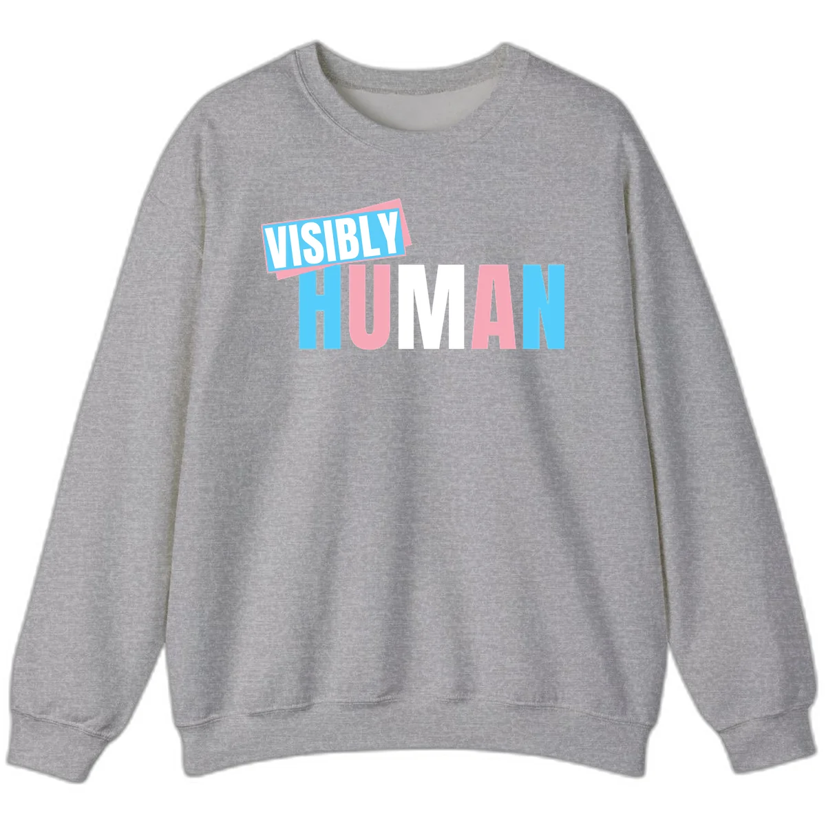 Bold typography design reading 'VISIBLY HUMAN' in cyan, pink, and white letters with diagonal 'VISIBLY' banner overlay on gray background in Sport Grey