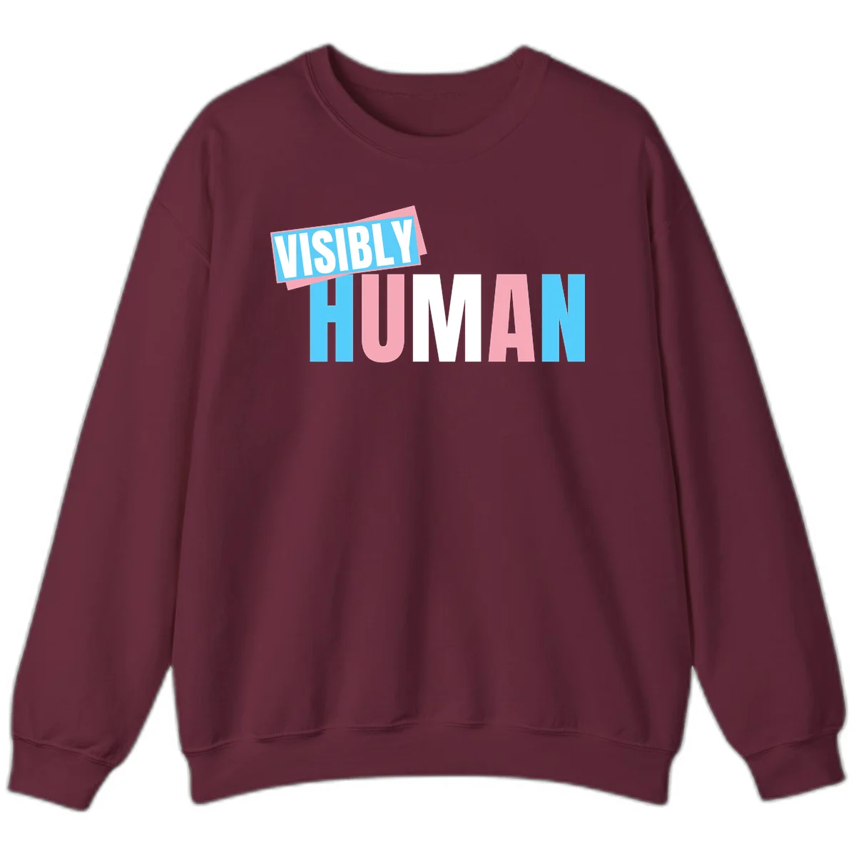 Bold typography design reading 'VISIBLY HUMAN' in cyan, pink, and white letters with diagonal 'VISIBLY' banner overlay on gray background in Maroon