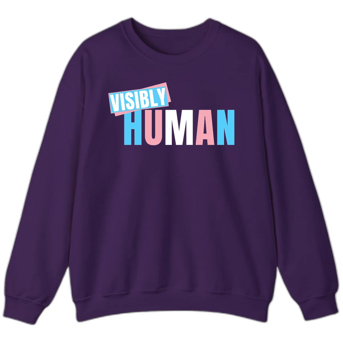 Bold typography design reading 'VISIBLY HUMAN' in cyan, pink, and white letters with diagonal 'VISIBLY' banner overlay on gray background in Purple