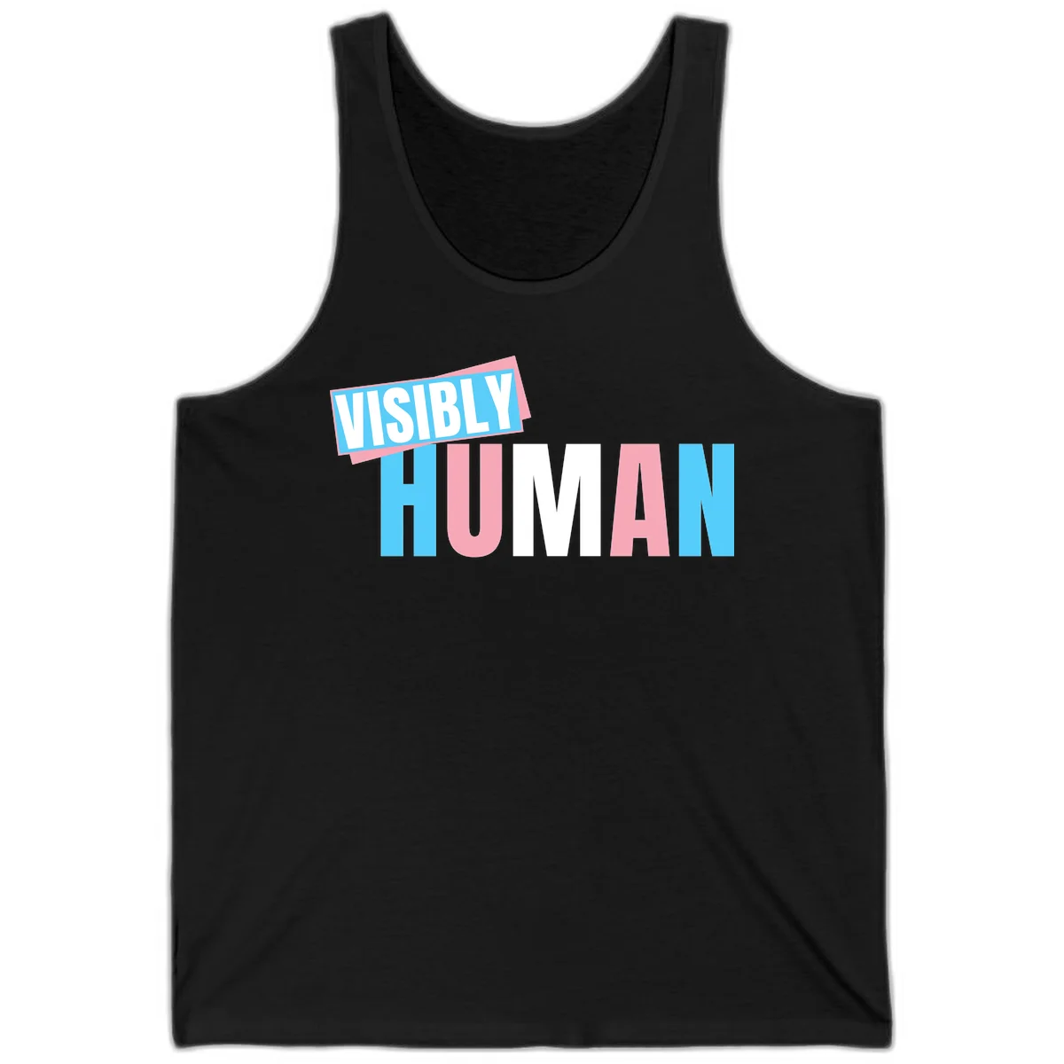 Bold typography design reading 'VISIBLY HUMAN' in cyan, pink, and white letters with diagonal 'VISIBLY' banner overlay on gray background in Black
