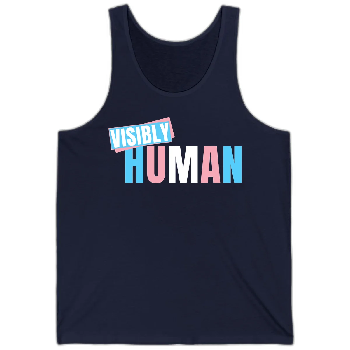 Bold typography design reading 'VISIBLY HUMAN' in cyan, pink, and white letters with diagonal 'VISIBLY' banner overlay on gray background in Navy