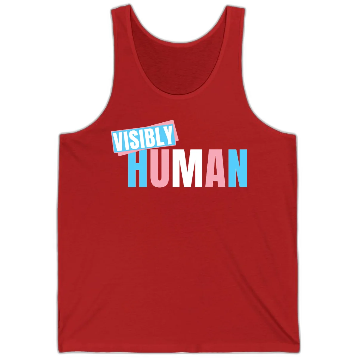 Bold typography design reading 'VISIBLY HUMAN' in cyan, pink, and white letters with diagonal 'VISIBLY' banner overlay on gray background in Red