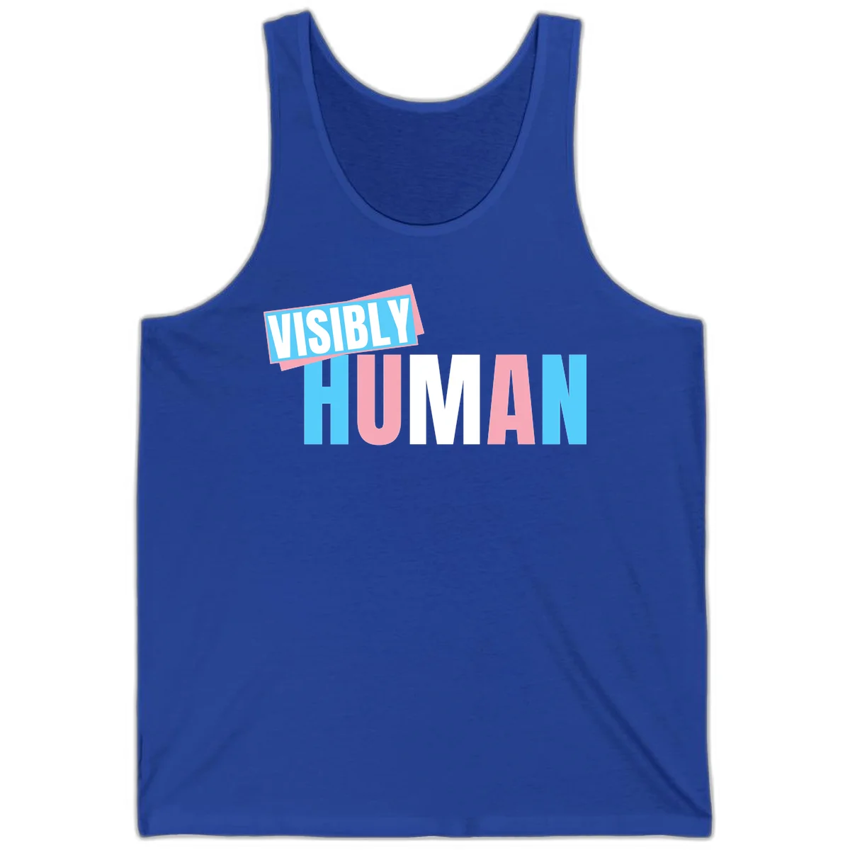 Bold typography design reading 'VISIBLY HUMAN' in cyan, pink, and white letters with diagonal 'VISIBLY' banner overlay on gray background in True Royal