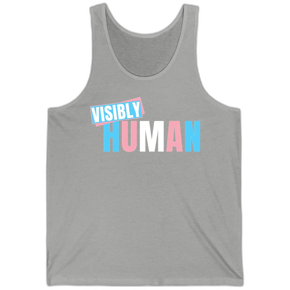 Bold typography design reading 'VISIBLY HUMAN' in cyan, pink, and white letters with diagonal 'VISIBLY' banner overlay on gray background in Athletic Heather