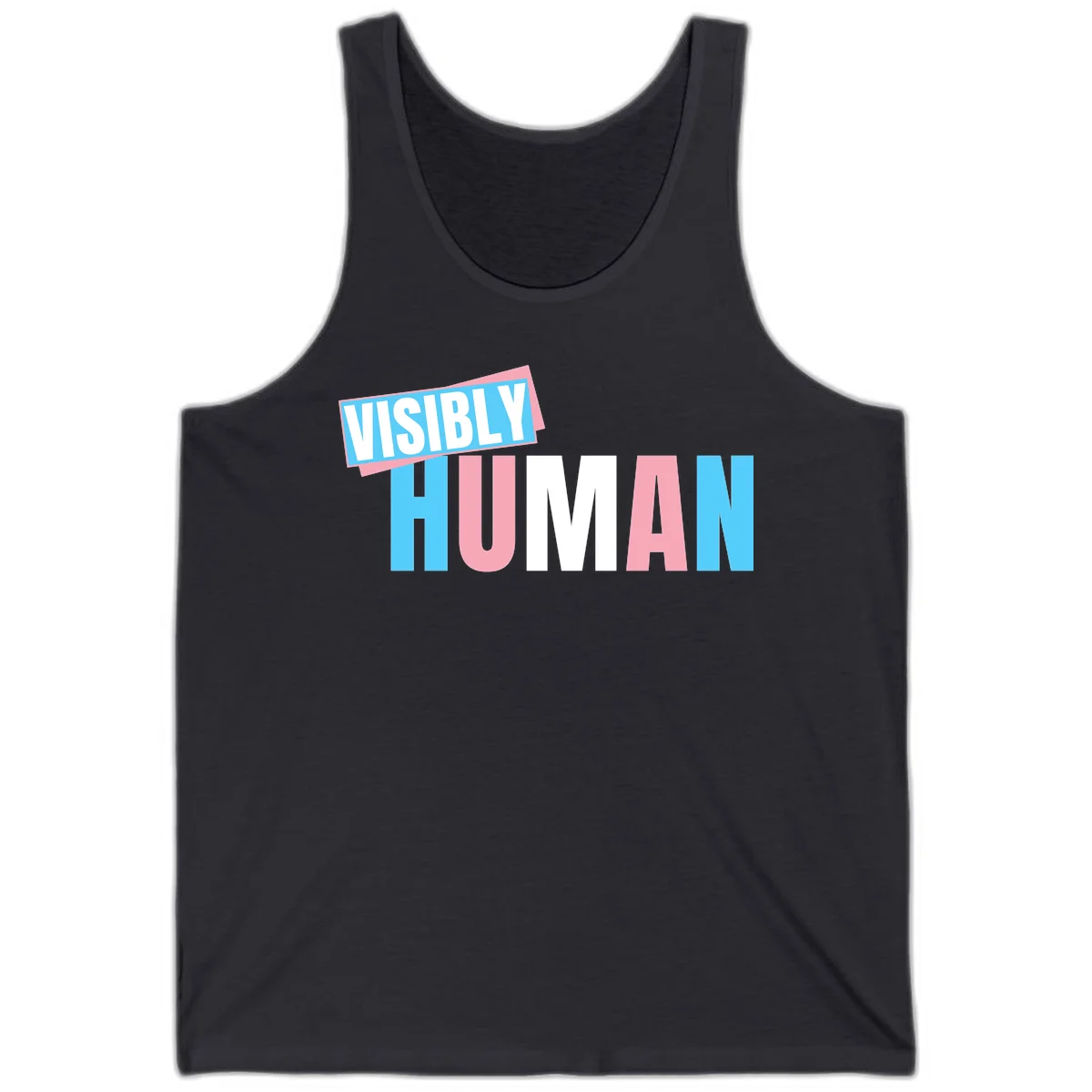 Bold typography design reading 'VISIBLY HUMAN' in cyan, pink, and white letters with diagonal 'VISIBLY' banner overlay on gray background in Dark Grey
