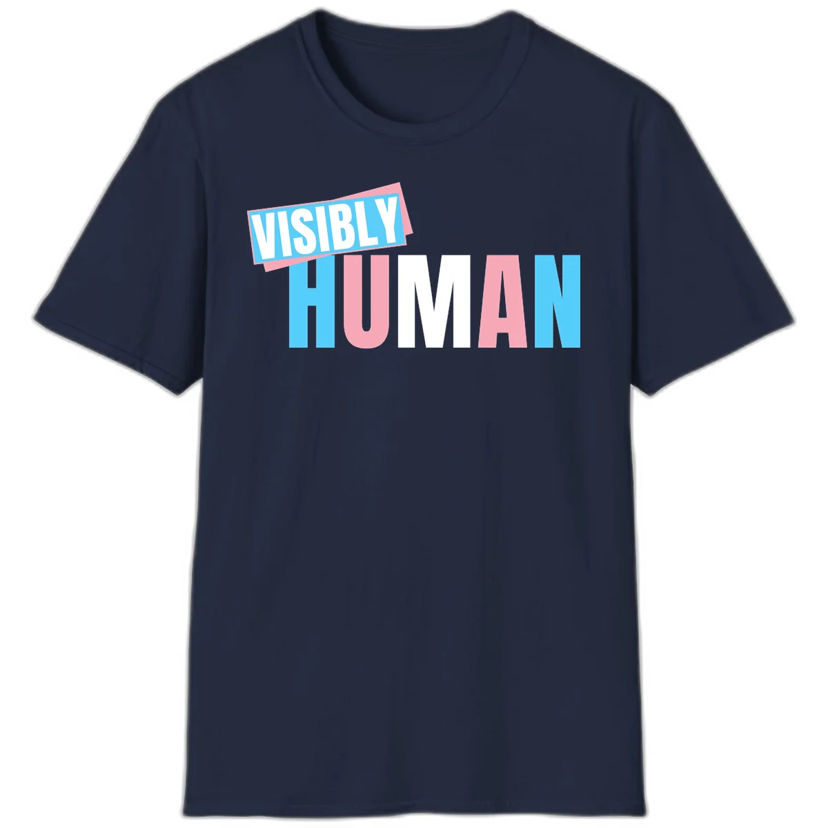 Bold typography design reading 'VISIBLY HUMAN' in cyan, pink, and white letters with diagonal 'VISIBLY' banner overlay on gray background in Navy